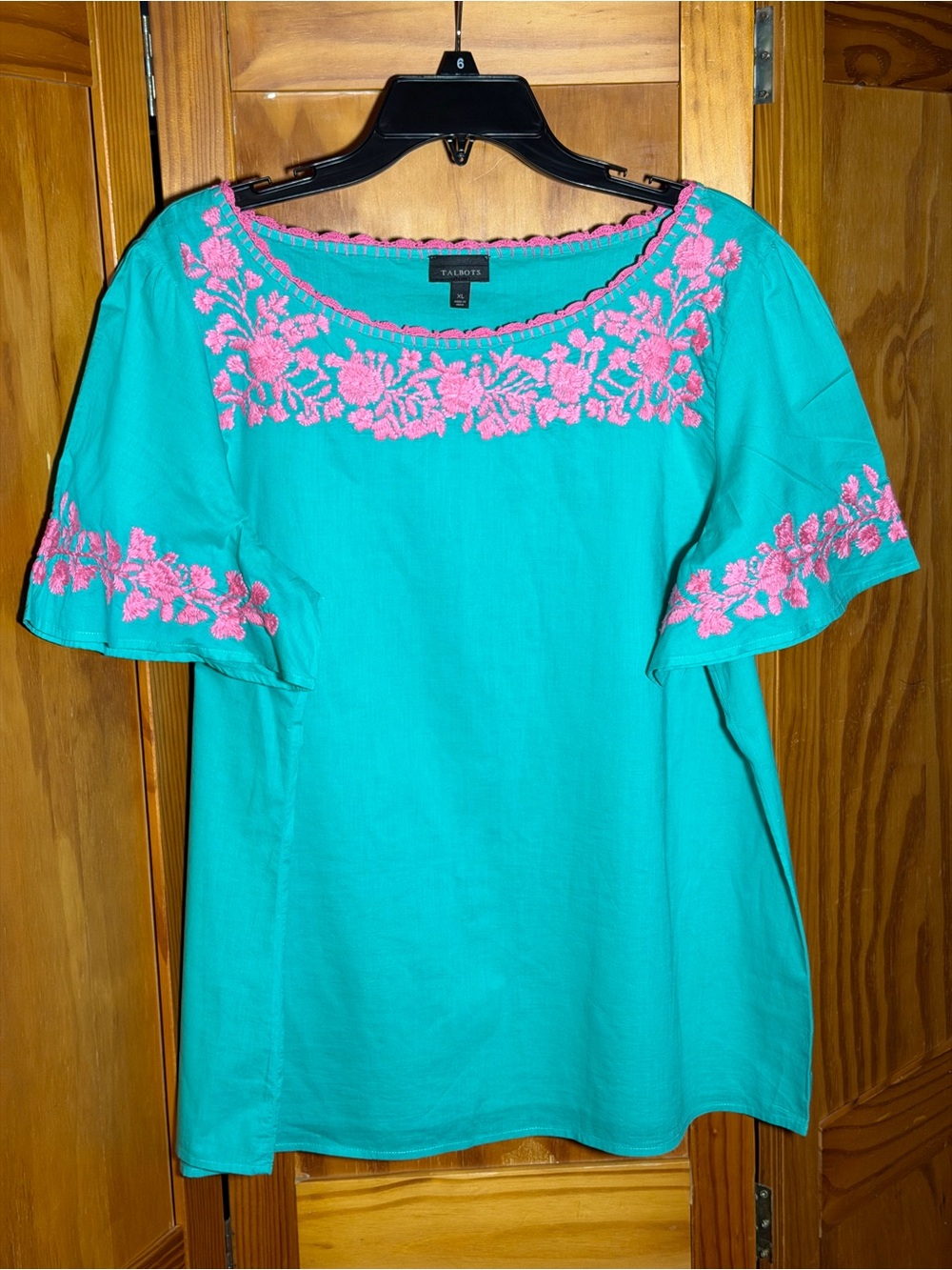 Talbots Teal Top with Pink Floral Embroidery|Sz XL|Cottagecore, Country